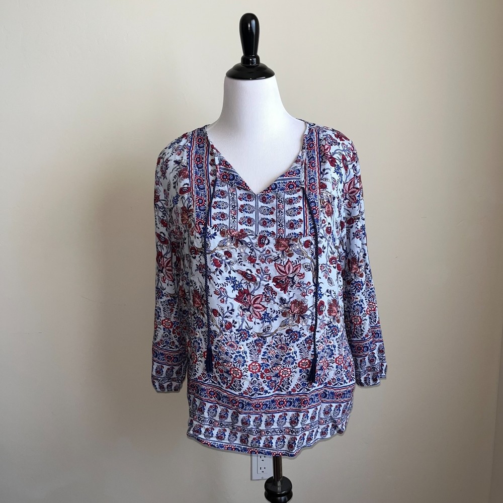grand & greene Boho Blue and Red Paisley Floral Peasant Blouse Size L